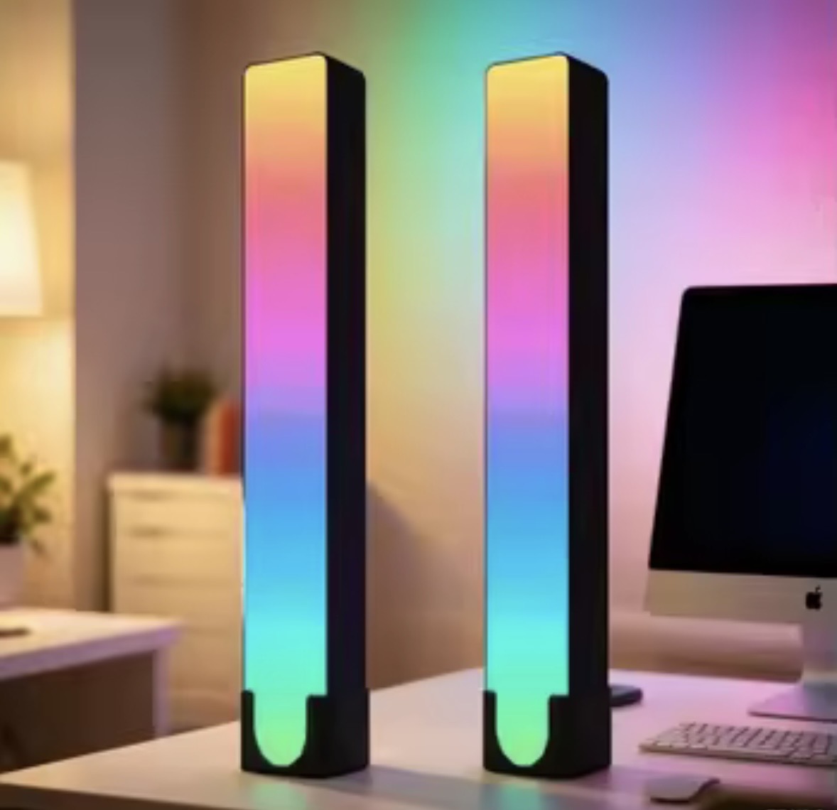 Two tall, rectangular LED lights with RGB color change on a desk.